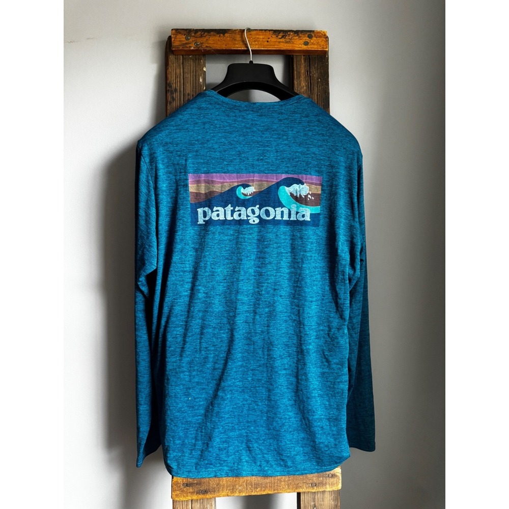 Patagonia Daily Tech Mens Large Blue Heather Wave Graphic Long Sleeve UPF 50 Tee